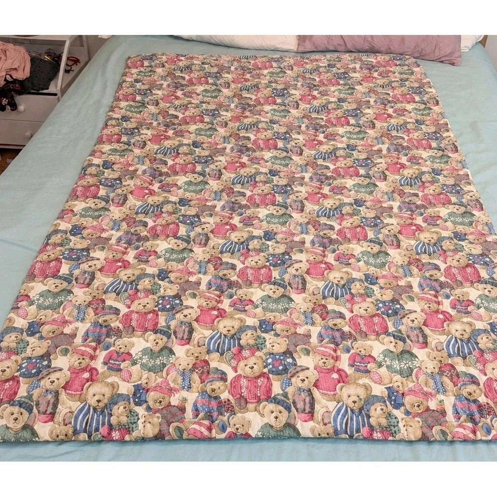 Cottagecore Teddy Bear Quilt Foldaway Pillow Handmade Throw Blanket 42x68